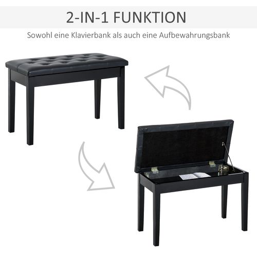 Banquette Piano En Bois Caoutchouc Avec Rangement, Simili Cuir Noir, 76x36x50 Cm