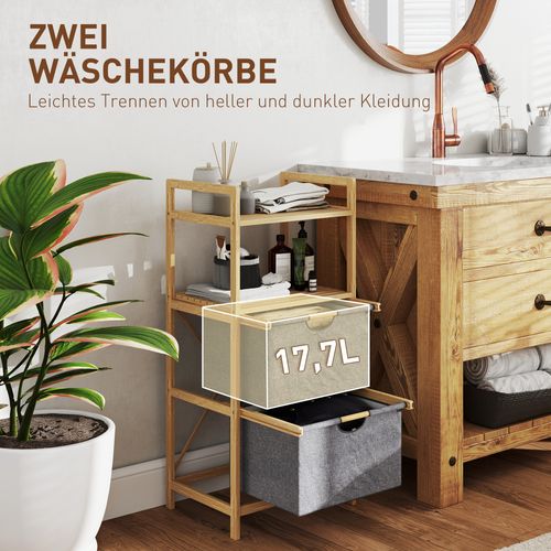 Panier à Linge 35,4 L En Bambou Et Tissu, Avec 2 Compartiments Ouverts, Pour Salle De Bain