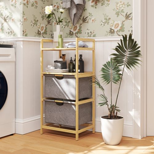 Panier à Linge 35,4 L En Bambou Et Tissu, Avec 2 Compartiments Ouverts, Pour Salle De Bain