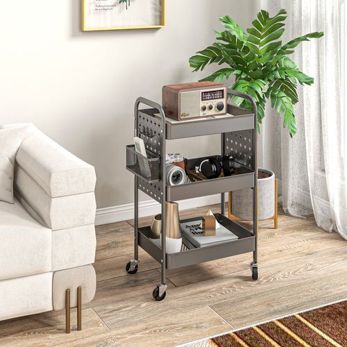 Chariot En Acier à 3 Niveaux Avec Paniers Suspendus, Poignée De Transport, Gris Foncé