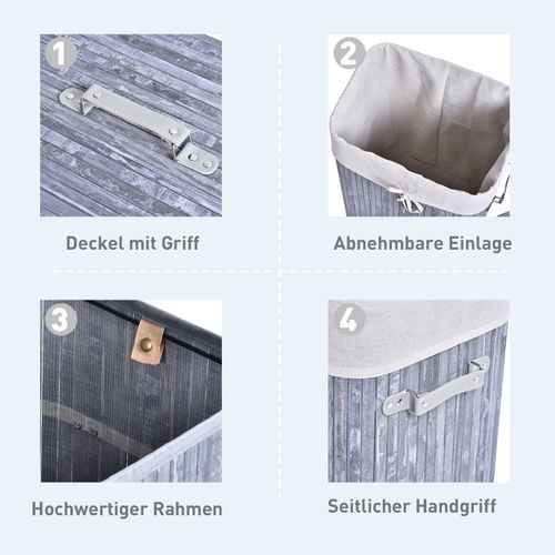 Panier à Linge Pliable 72l En Bambou Avec Couvercle Et Poignées, Gris 40x30x60cm