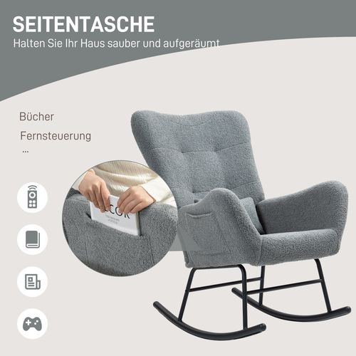Fauteuil à Bascule Tissu Effet Sherpa Avec Accoudoirs Dossier Haut Coussin Lombaire, Gris