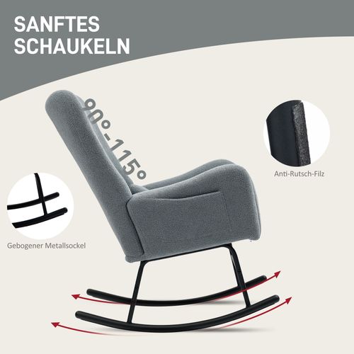 Fauteuil à Bascule Tissu Effet Sherpa Avec Accoudoirs Dossier Haut Coussin Lombaire, Gris