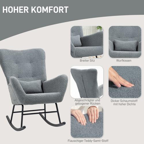 Fauteuil à Bascule Tissu Effet Sherpa Avec Accoudoirs Dossier Haut Coussin Lombaire, Gris