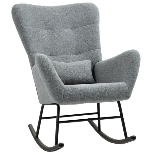 Fauteuil à Bascule Tissu Effet Sherpa Avec Accoudoirs Dossier Haut Coussin Lombaire, Gris