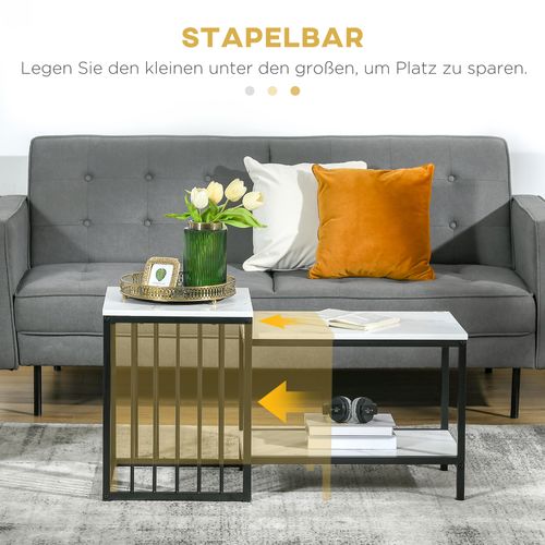 Tables 2 pcs Effet Marbre Blanc, Cadre Acier, Style Moderne, Salon Ou Chambre