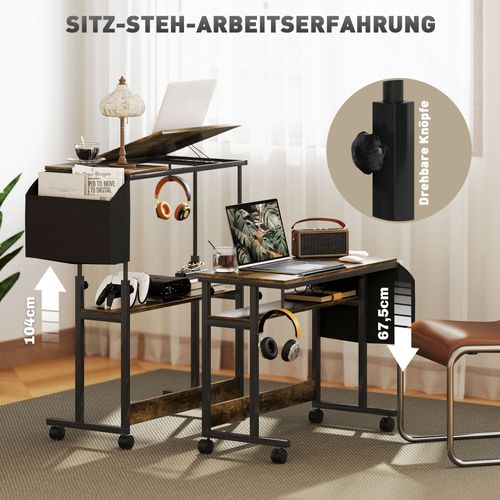 Table D'appoint Réglable En Hauteur, Avec Plateau Inclinable, Roulettes Et Poche De Rangement