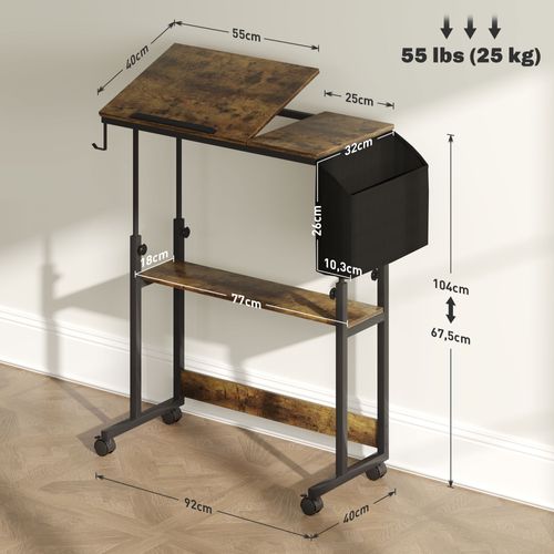 Table D'appoint Réglable En Hauteur, Avec Plateau Inclinable, Roulettes Et Poche De Rangement