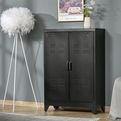 Buffet En Mélaminé Avec Portes à Lamelles, Armoire De Rangement Avec Étagères, Noir