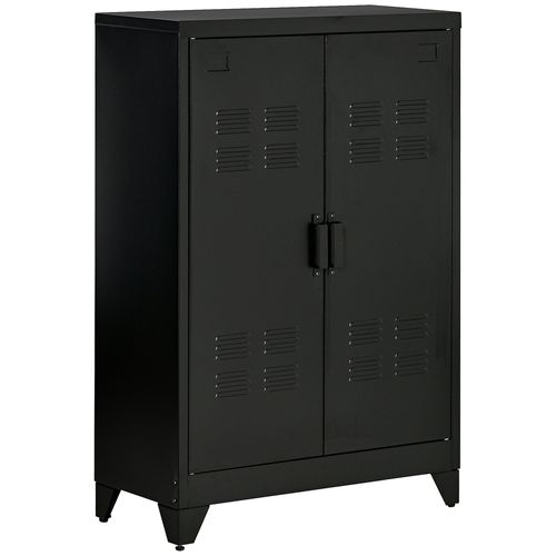Buffet En Mélaminé Avec Portes à Lamelles, Armoire De Rangement Avec Étagères, Noir
