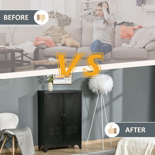 Buffet En Mélaminé Avec Portes à Lamelles, Armoire De Rangement Avec Étagères, Noir