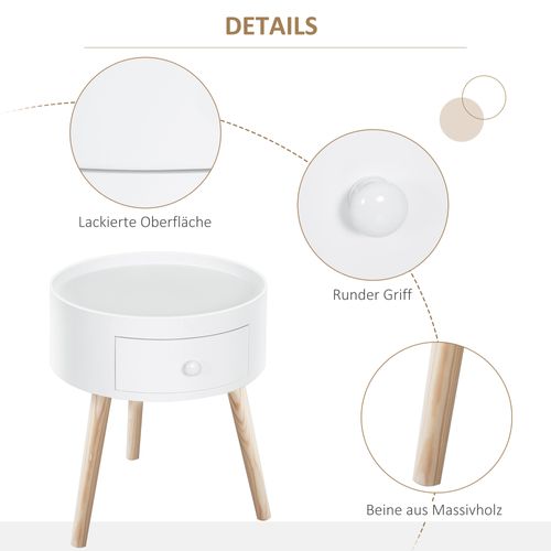 Table Basse Ronde Blanche Avec Tiroir, Ø38 cm, 50 kg Max, Chambre Ou Salon