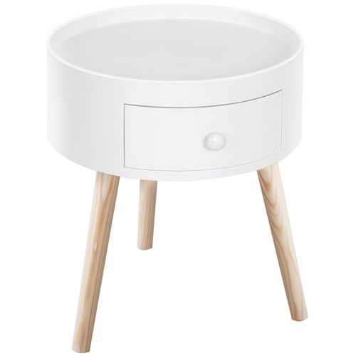 Table Basse Ronde Blanche Avec Tiroir, Ø38 cm, 50 kg Max, Chambre Ou Salon