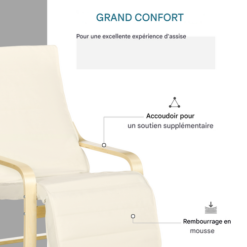 Fauteuil relax à bascule en bois de bouleau, avec repose-pieds réglable, 66,5×94×100cm, crème