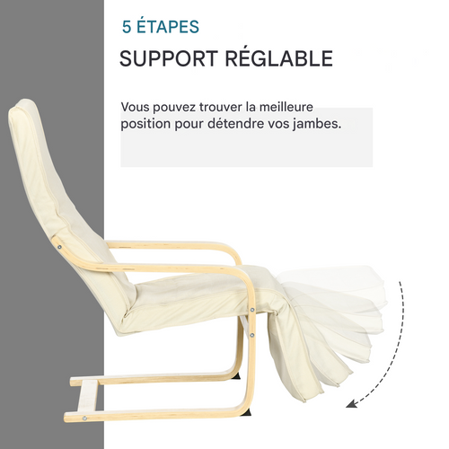 Fauteuil relax à bascule en bois de bouleau, avec repose-pieds réglable, 66,5×94×100cm, crème