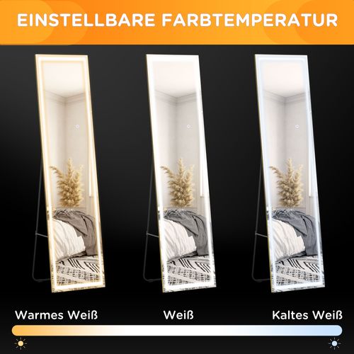 Miroir Sur Pied LED 2 En 1 Miroir Plein Longueur Cadre En Aluminium Lumière Argent Or