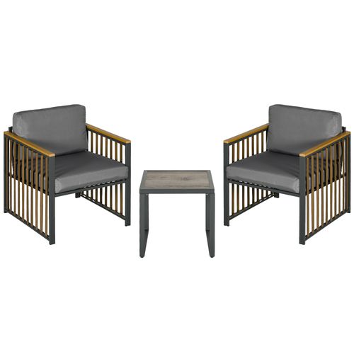 Salon Bistro Métal 3 Pièces 2 Fauteuils, Table, Coussins, Balcon Terrasse , Gris