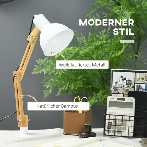 Lampe De Bureau Vintage En Bambou, Bras Articulé, Blanc + Nature
