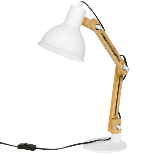 Lampe De Bureau Vintage En Bambou, Bras Articulé, Blanc + Nature