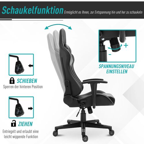 Chaise De Bureau Gaming En Simili Cuir Et Mousse, Ergonomique, Pivotante, Noire