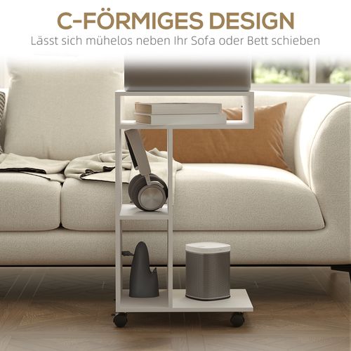 Table D’appoint Blanche à Roulettes, 4 Étagères, Table Canapé/lit, Bureau Ou Salon
