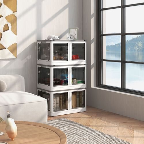 Boîte De Rangement Empilable 69l En Plastique, Avec Roulettes, Pliable, Accès 5 Côtés, Blanc