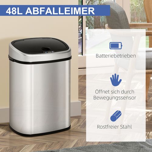 Poubelle De Cuisine 48l En Acier Inoxydable Avec Capteur Infrarouge, Argent