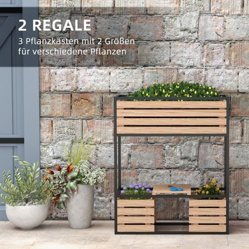 Jardinière Surélevé En Bois 2 Niveaux Avec Étagère Et Doublure Intérieure, Marron Clair