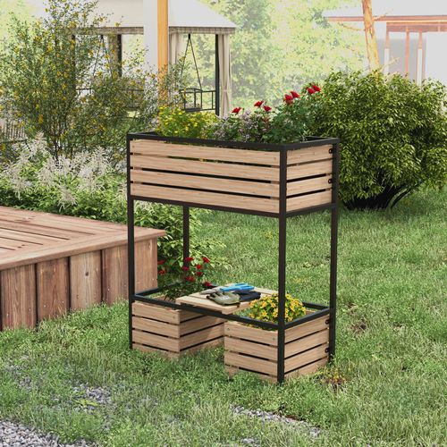 Jardinière Surélevé En Bois 2 Niveaux Avec Étagère Et Doublure Intérieure, Marron Clair