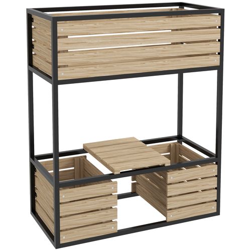 Jardinière Surélevé En Bois 2 Niveaux Avec Étagère Et Doublure Intérieure, Marron Clair