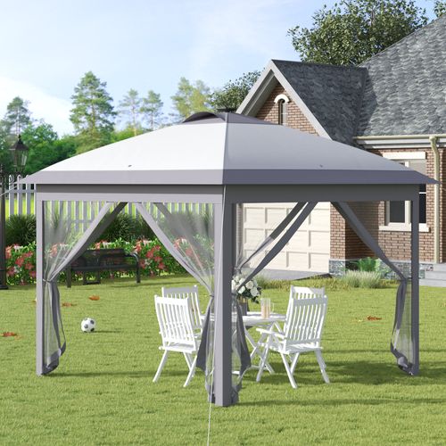 Pavillon Pliant 3,3x3,3m En Tissu Oxford Avec LED USB, Murs En Maille, Protection Solaire, Gris
