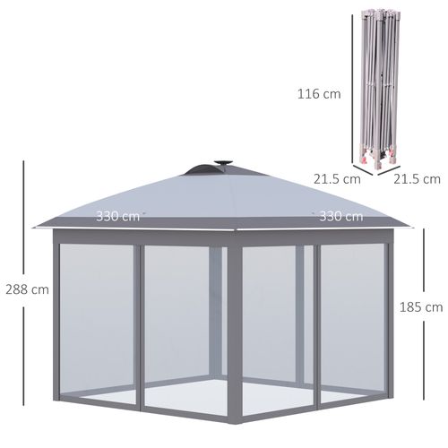 Pavillon Pliant 3,3x3,3m En Tissu Oxford Avec LED USB, Murs En Maille, Protection Solaire, Gris