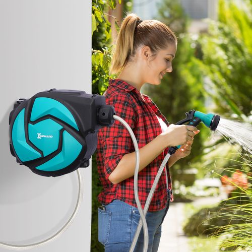 Enrouleur De Tuyau 10 M Plastique Résistant Au Gel -5 à 45 °c Avec Multibuse, Bleu Noir