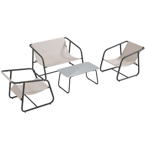 Ensemble Jardin 4 Pièces, 2 Fauteuils + Banc 2 Places + Table En Verre, Crème, Terrasse Balcon