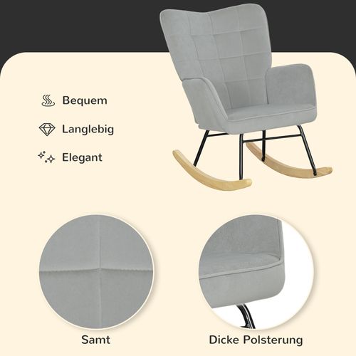 Fauteuil à Bascule, Tissu Effet Velours, Avec Accoudoirs Et Pieds Bois, Gris Clair