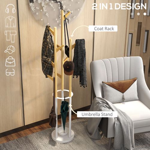 Porte-manteau Métal Bambou Avec 13 Crochets Support Parapluie Intégré ,naturel Et Blanc