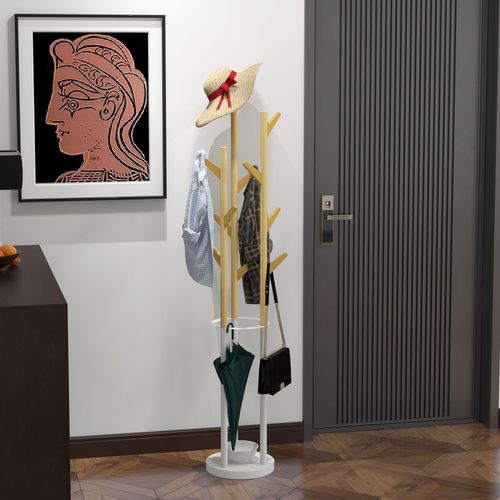 Porte-manteau Métal Bambou Avec 13 Crochets Support Parapluie Intégré ,naturel Et Blanc