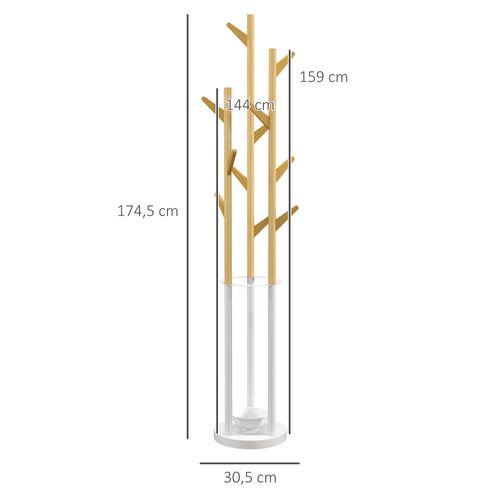 Porte-manteau Métal Bambou Avec 13 Crochets Support Parapluie Intégré ,naturel Et Blanc