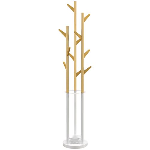 Porte-manteau Métal Bambou Avec 13 Crochets Support Parapluie Intégré ,naturel Et Blanc