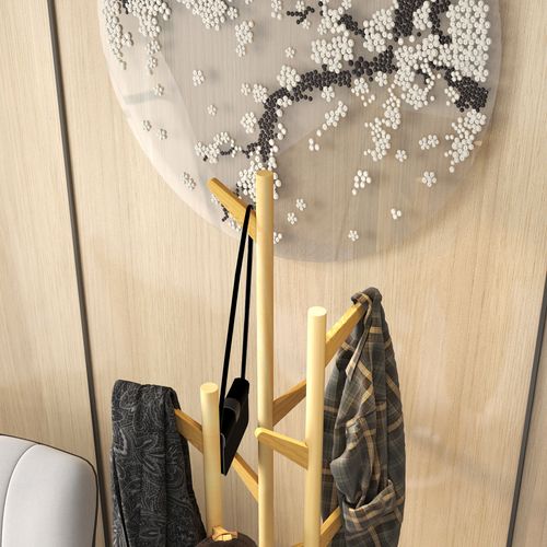 Porte-manteau Métal Bambou Avec 13 Crochets Support Parapluie Intégré ,naturel Et Blanc