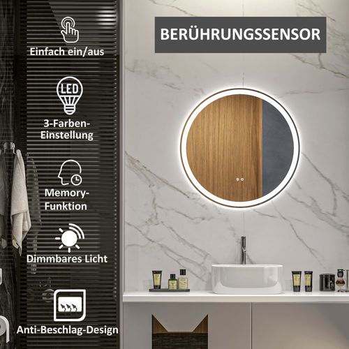 Miroir LED Ø60 Cm, Fonction Tactile, Mémoire, Anti-buée, Cadre En Aluminium