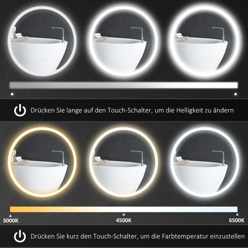 Miroir LED Ø60 Cm, Fonction Tactile, Mémoire, Anti-buée, Cadre En Aluminium