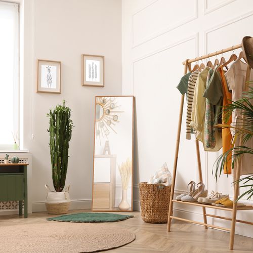 Miroir Mural 125x45cm En Bois Naturel Pour Hall Ou Chambre, Sans Couleur