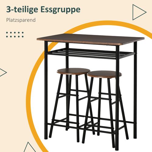 Ensemble Table De Bar 3 Pièces, Table Avec 2 Tabourets Et Étagère, Métal Noir