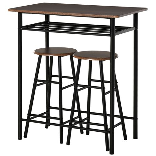 Ensemble Table De Bar 3 Pièces, Table Avec 2 Tabourets Et Étagère, Métal Noir