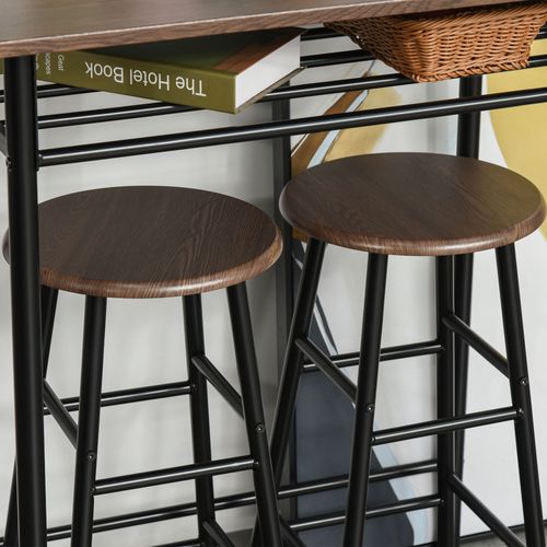 Ensemble Table De Bar 3 Pièces, Table Avec 2 Tabourets Et Étagère, Métal Noir