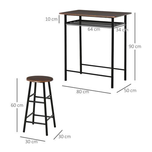 Ensemble Table De Bar 3 Pièces, Table Avec 2 Tabourets Et Étagère, Métal Noir