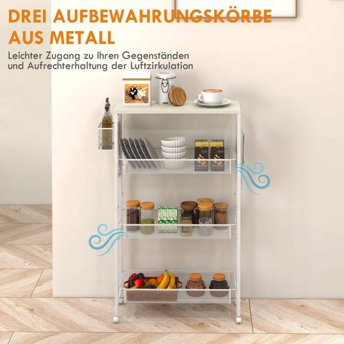 Chariot De Cuisine à 3 Niveaux En Acier Avec Crochets Et Plan De Travail, Blanc