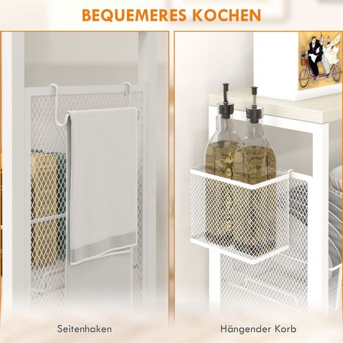 Chariot De Cuisine à 3 Niveaux En Acier Avec Crochets Et Plan De Travail, Blanc