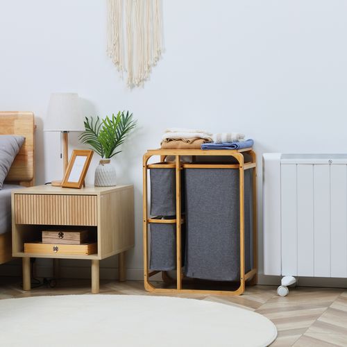 Panier à Linge En Bambou Avec 3 Sacs Amovibles, Tri Des Vêtements, Gris Et Naturel
